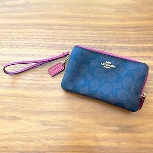 Coach double zip phone wristlet in signature leather with pink trim